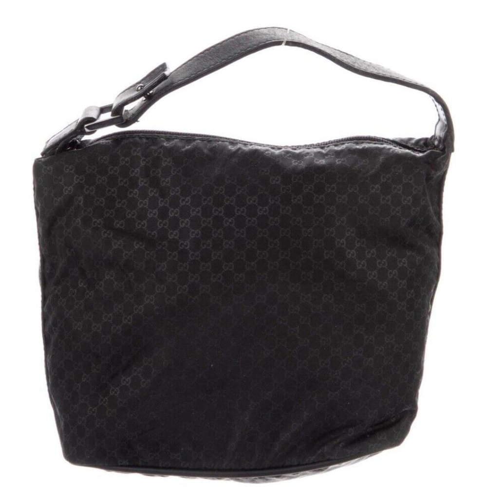 Gucci GG Nylon Black Mini Hobo Bag Leather Trim Silver Hardware Button Strap